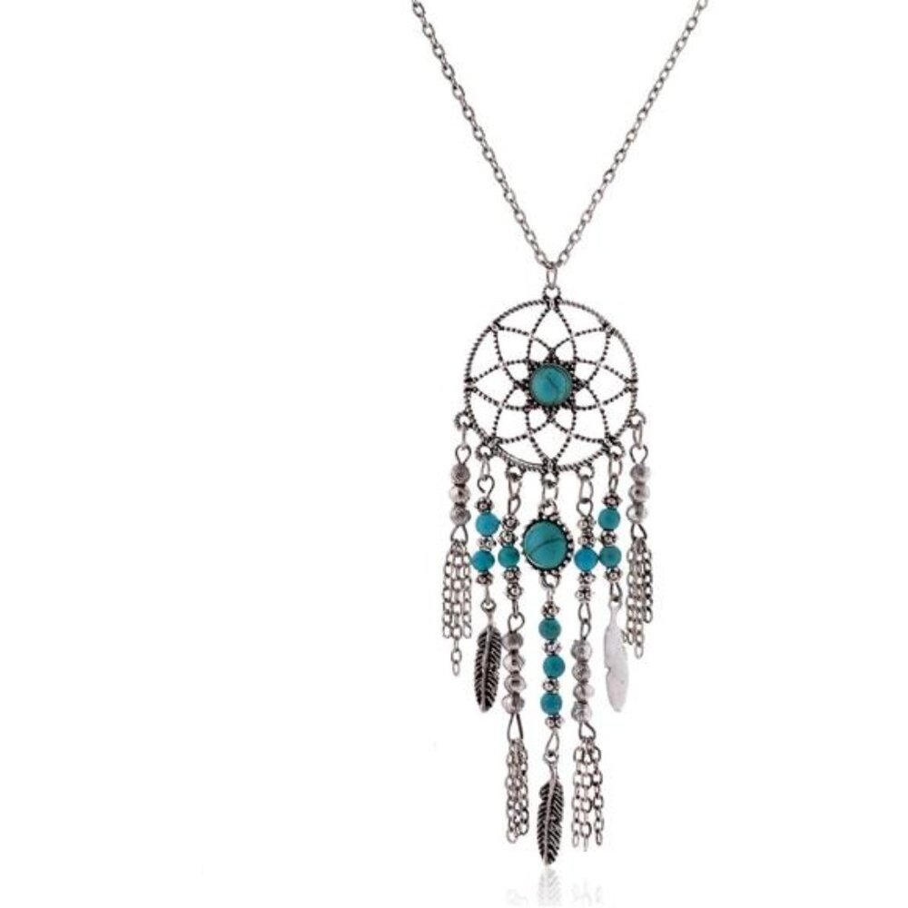 Native American Dream Catcher Turquoise Pendant Long Chain Necklace